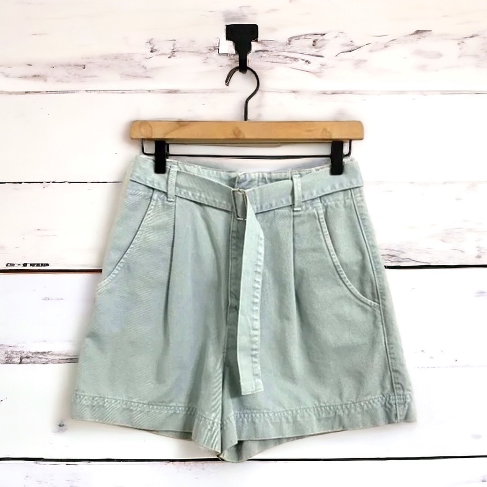 Zara High Waisted Belted Preppy Bermuda Mom Shorts 100% Cotton Blue Size Small